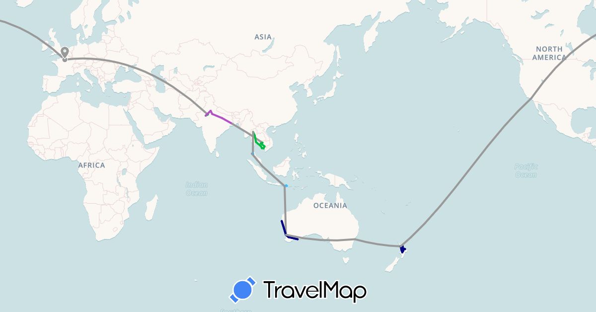 TravelMap itinerary: driving, bus, plane, train, boat in Australia, France, Indonesia, India, Cambodia, New Zealand, Singapore, Thailand, United States (Asia, Europe, North America, Oceania)